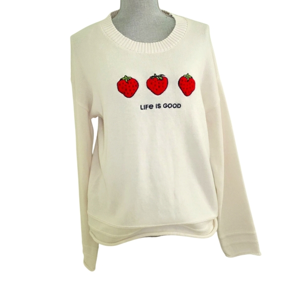 Life Is Good Cotton Blend "Strawberry" Cream Knit Pullover Sweater S - Picture 8 of 8